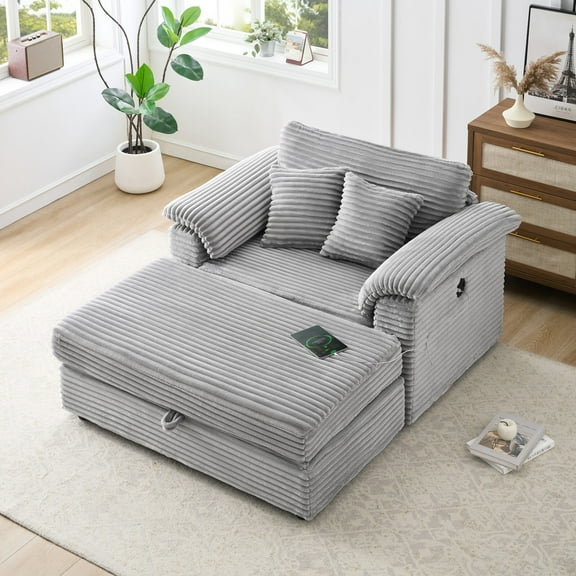 Oversized Chaise Lounge Chair Indoor, Corduroy Sleeper Sofa with Charging Station and Storage Ottoman, Convertible Deep Seat Reading Chairs, Gray