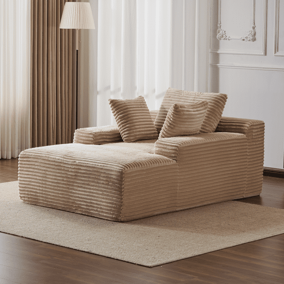 Oversized Chaise Lounge Chair Indoor, Corduroy Upholstered Sleeper Sofa Daybed with 3 Throw Pillows and Wide Armrest for Living Room, No Assembly Required,Beige