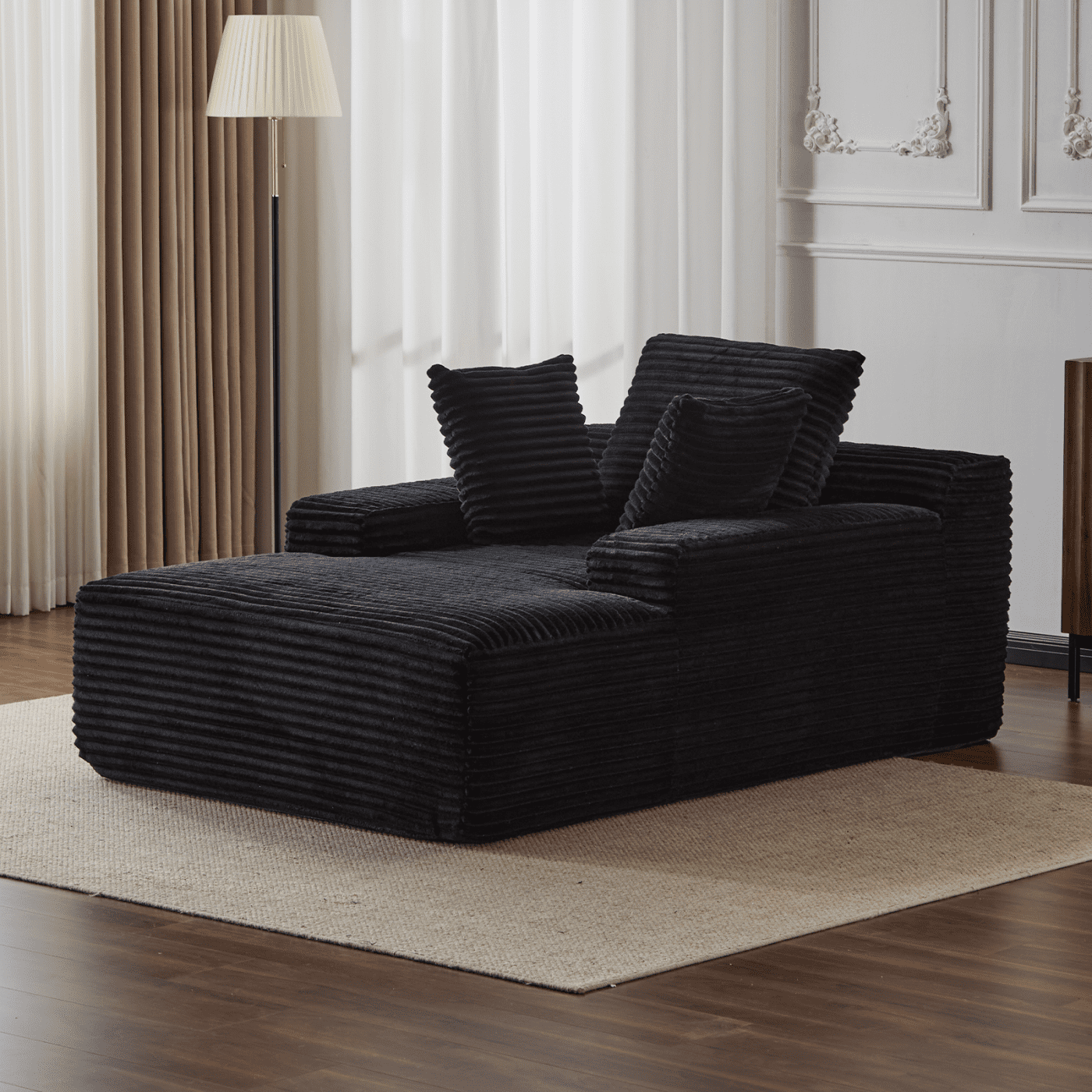 Oversized Chaise Lounge Chair Indoor, Corduroy Upholstered Sleeper Sofa Daybed with 3 Throw Pillows and Wide Armrest for Living Room, No Assembly Required,Black