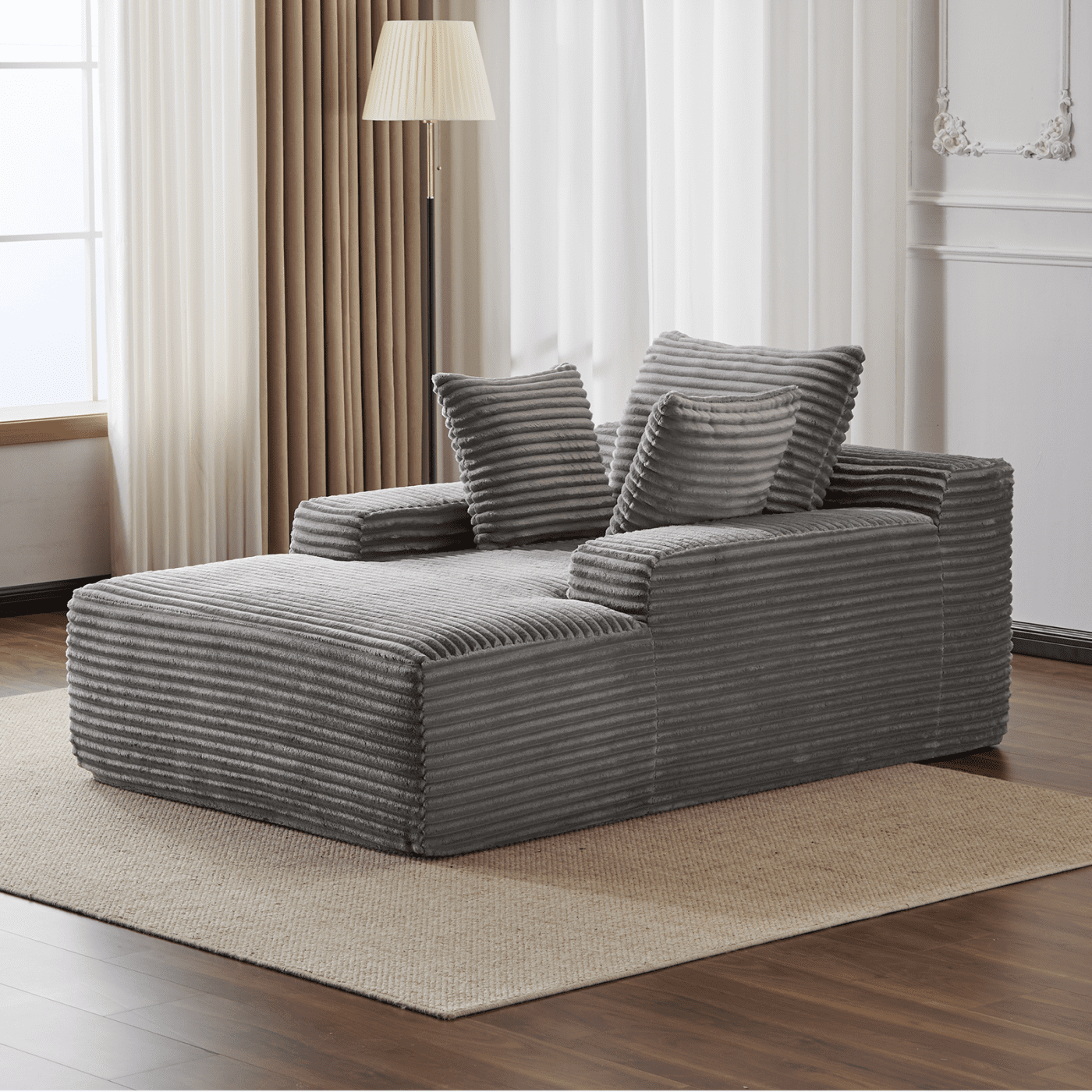 Oversized Chaise Lounge Chair Indoor, Corduroy Upholstered Sleeper Sofa Daybed with 3 Throw Pillows and Wide Armrest for Living Room, No Assembly Required,Gray
