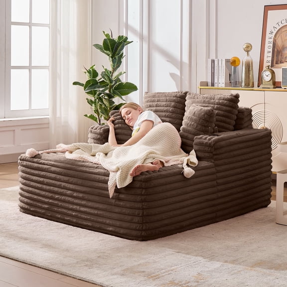 Oversized Chaise Lounge Chair Indoor with Cup Holders, 57.5-Inch Modern Corduroy Upholstered Sofa Bed Including 4 Fluffy Pillows, Comfy Sleeper Couch Chair for Bedroom, Living Room, Office