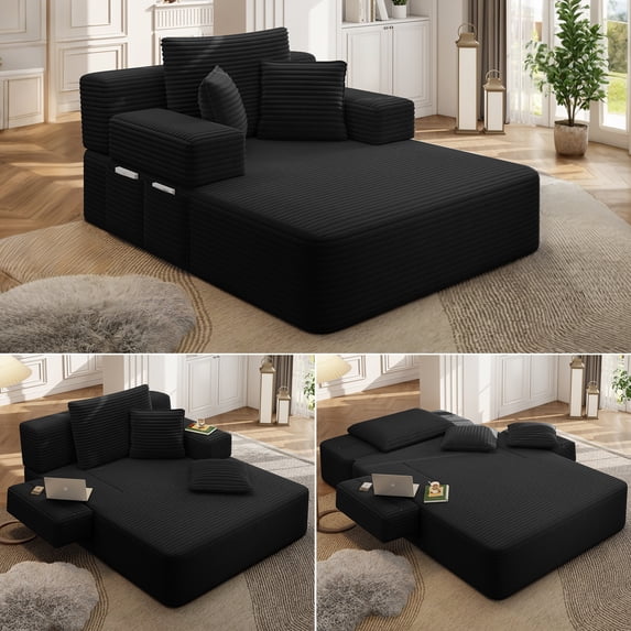 Oversized Chaise Lounge Chair Indoor, Holaki 2 in 1 Convertible Sofa Bed with 3 Pillows & Side Pocket, Corduroy Upholstered Sleeper Sofa Bed for Small Spaces Living Room Apartment, Black