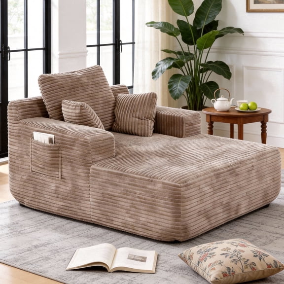 Oversized Chaise Lounge Chair Indoor, Sleeper Sofa Bed with 64" Long Lounge Surface, No Assembly Boneless Corduroy Upholstered Chaise with Side Pockets for Apartment & Living Room