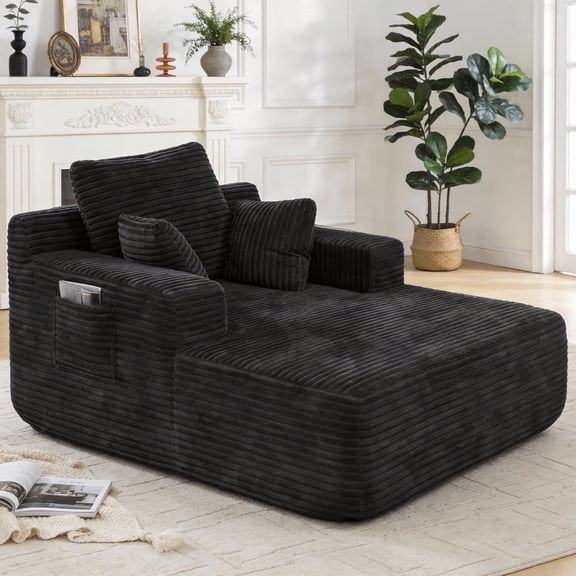 Oversized Chaise Lounge Chair Indoor, Sleeper Sofa Bed with 64" Long Lounge Surface, No Assembly Boneless Corduroy Upholstered Chaise with Side Pockets for Apartment & Living Room