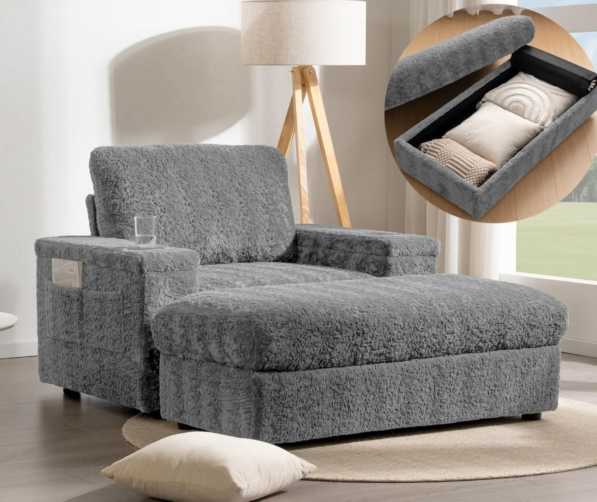 Oversized Chaise Lounge Chair Indoor with Storage Ottoman & Armrest ...