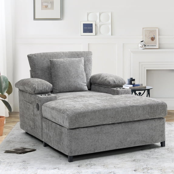 Oversized Chaise Lounge Chair Indoor with USB & Cup Holder, Upholstered Chenille Sofa Bed with Armrests Storage and Ottoman, Comfy Reading Gaming Chair for Living Room, Grey