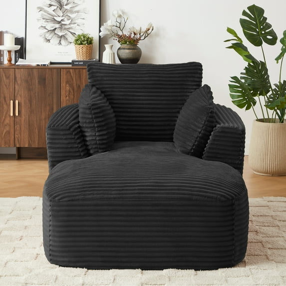 Oversized Chaise Lounge Chair Indoor,Upholstered Corduroy Sofa Bed with Throw Pillows and Armrests,No Assembly Required,Comfy Sleeper Sofa for Living Room/Dorm/Apartment,Black