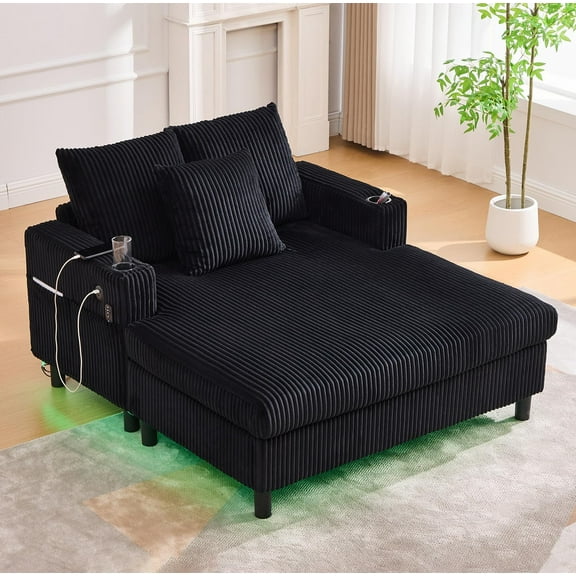 Oversized Chaise Lounge Chair Indoor,Upholstered Sofa Bed with LED Ambient Light&USB and Cup Holder, Comfy Corduroy Sleeper Couch Reading Chairs for Living Room,Movie Rooms,Bedroom(Pink)