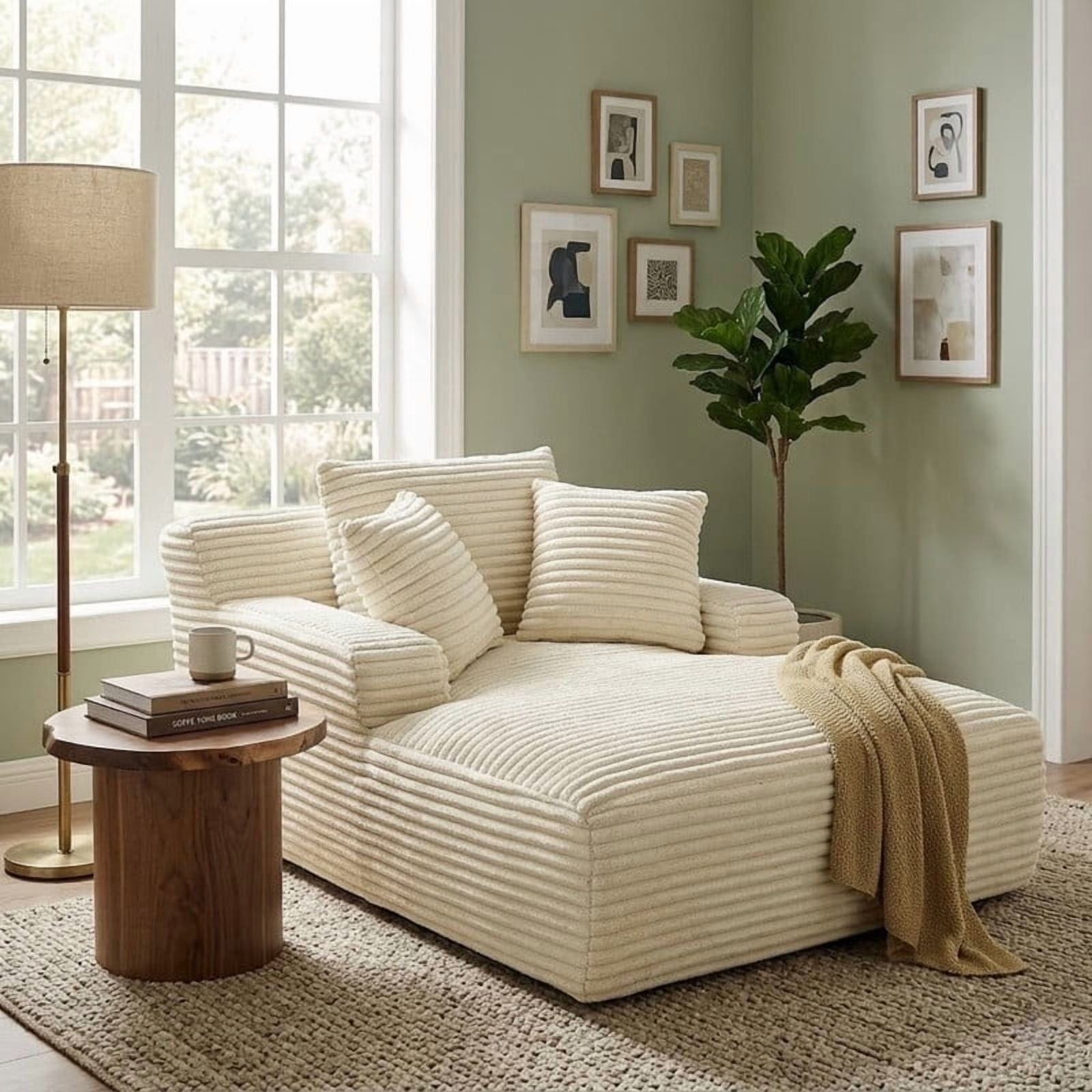 Oversized Chaise Lounge Chair Indoor, Upholstered Sofa Bed Sleeper Sofa Corduroy Cloud Couch Boneless Sofa Reading Chair with 3 Pillows for Living Room, 49.2''x66.1''