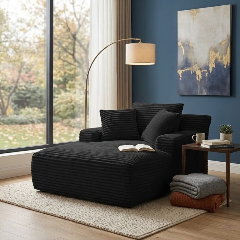 Oversized Chaise Lounge Chair Indoor, Upholstered Sofa Bed Sleeper Sofa Corduroy Cloud Couch Boneless Sofa Reading Chair with 3 Pillows for Living Room, 49.2''x66.1''