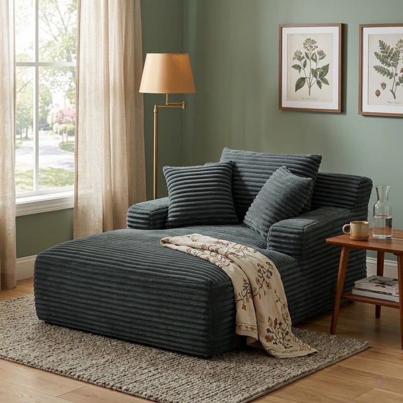 Oversized Chaise Lounge Chair Indoor, Upholstered Sofa Bed Sleeper Sofa Corduroy Cloud Couch Boneless Sofa Reading Chair with 3 Pillows for Living Room, 49.2''x66.1''