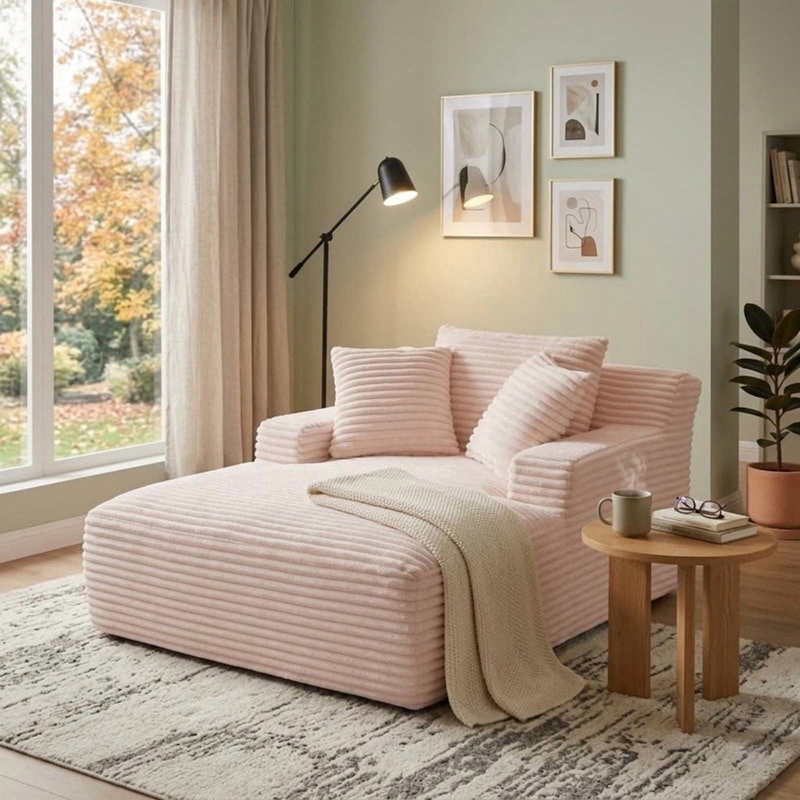 Oversized Chaise Lounge Chair Indoor, Upholstered Sofa Bed Sleeper Sofa Corduroy Cloud Couch Boneless Sofa Reading Chair with 3 Pillows for Living Room, 49.2''x66.1''
