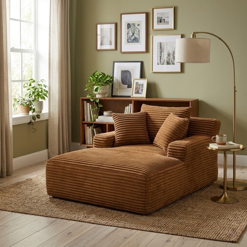 Oversized Chaise Lounge Chair Indoor, Upholstered Sofa Bed Sleeper Sofa Corduroy Cloud Couch Boneless Sofa Reading Chair with 3 Pillows for Living Room, 49.2''x66.1''