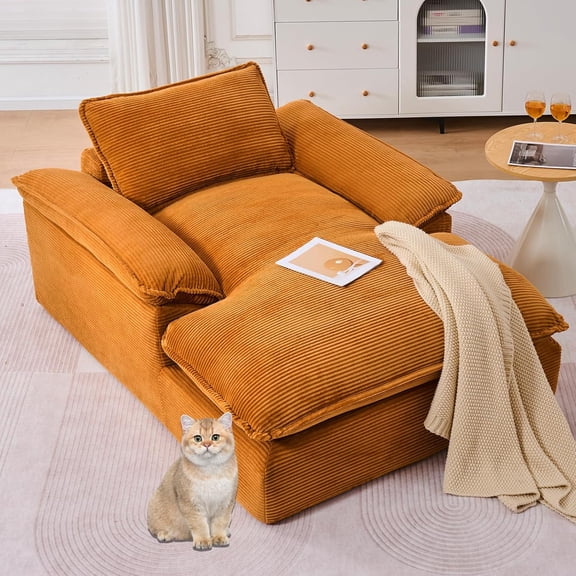 Oversized Chaise Lounge Chair Indoor, Yellow Boneless Chaise Lounge with Wide Arms & Pillow, Corduroy Reading Chairs for Adults, Bedroom Living Room, No Assembly Required