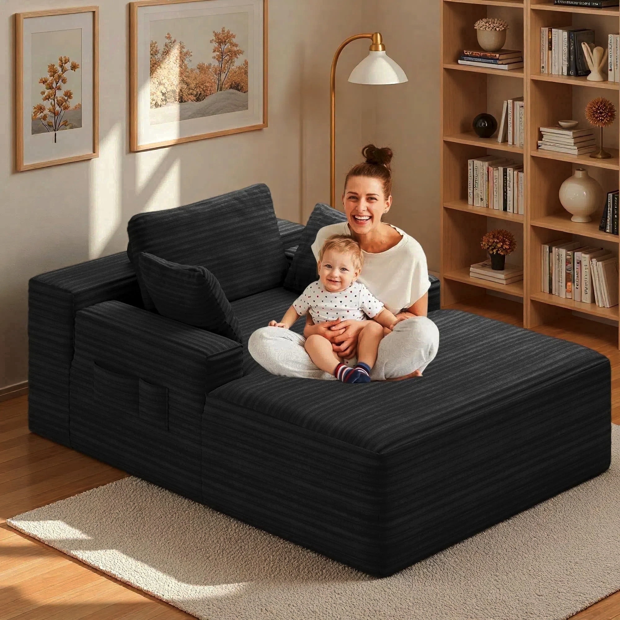 Jolifa Oversized Chaise Lounge Chair Sofa Bed Corduroy No Assembly Black with 3 Pillows