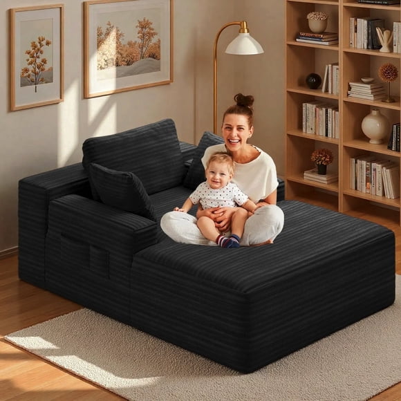 Sofa Bed, Jolifa Corduroy Fabric Oversized Chaise Lounge Chair Indoor No Assembly Required with 3 Soft Pillows for Living Room, Black