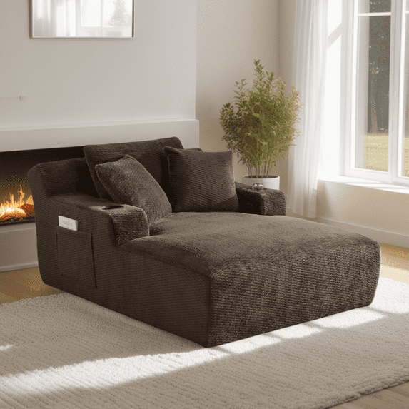 Oversized Chaise Lounge Chair, Plush Faux Fur Sleeper Sofa, No Assembly Required Indoor Lounger for Living Room, Office, Apartment, Dark Brown