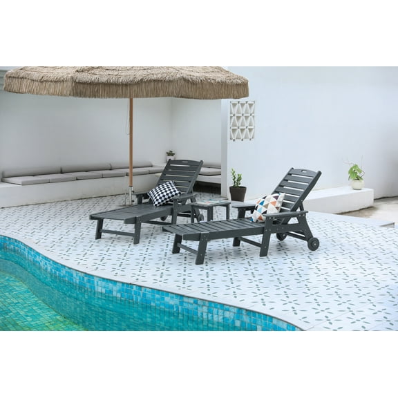 Oversized Chaise Lounge Chair Set, 3-Piece All-Weather Outdoor Set with 5-Position Adjustable Backrest, Durable Wood-Textured Design, Wheels & Cup Holders, Grey (Includes 2 Chairs + 1 Table)