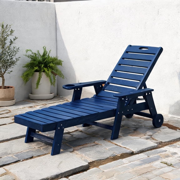 Oversized Chaise Lounge Chair with Soft Blue HDPE Wood-Texture Finish and Wheels