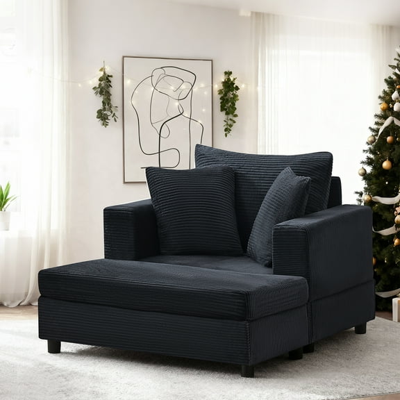 LEHZROAJ Oversized Upholstered Sofa with Ottoman,Comfy Corduroy Couch Pillows Deep Seat for Living Room,Bedroom(Black)