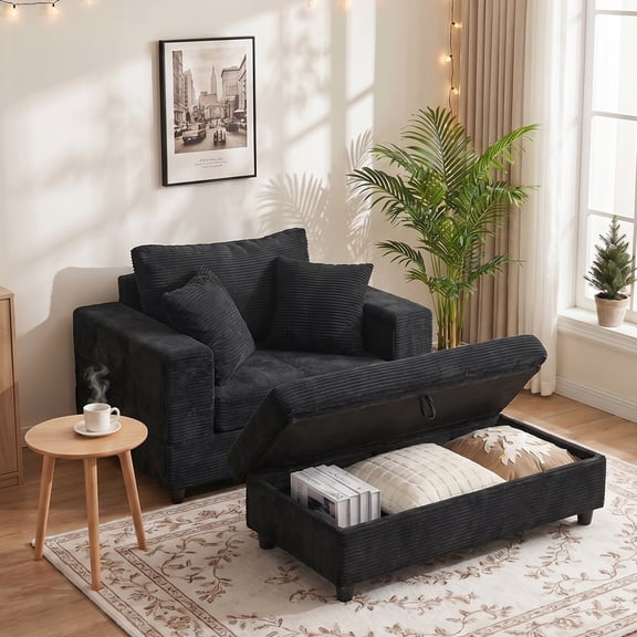 LEHZROAJ Oversized Upholstered Sofa with Ottoman,Comfy Corduroy Couch Pillows Deep Seat for Living Room,Bedroom(Black)