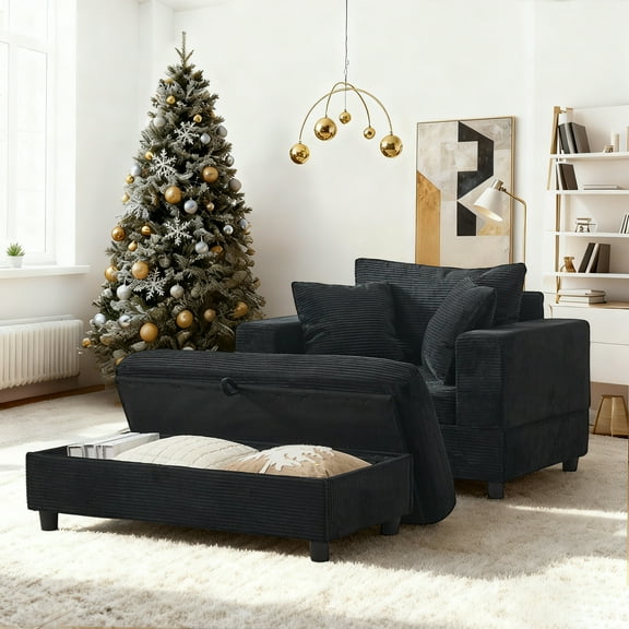 LEHZROAJ Oversized Upholstered Sofa with Ottoman,Comfy Corduroy Couch Pillows Deep Seat for Living Room,Bedroom(Black)