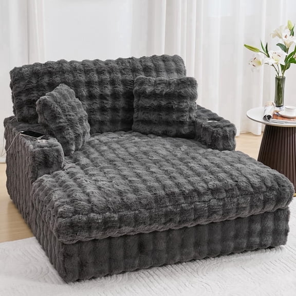 Faux Fur Oversized and Upholstered Chaise Lounge Loveseat Sleeper Sofa with Wood Frame and 2 Pillows, Gray