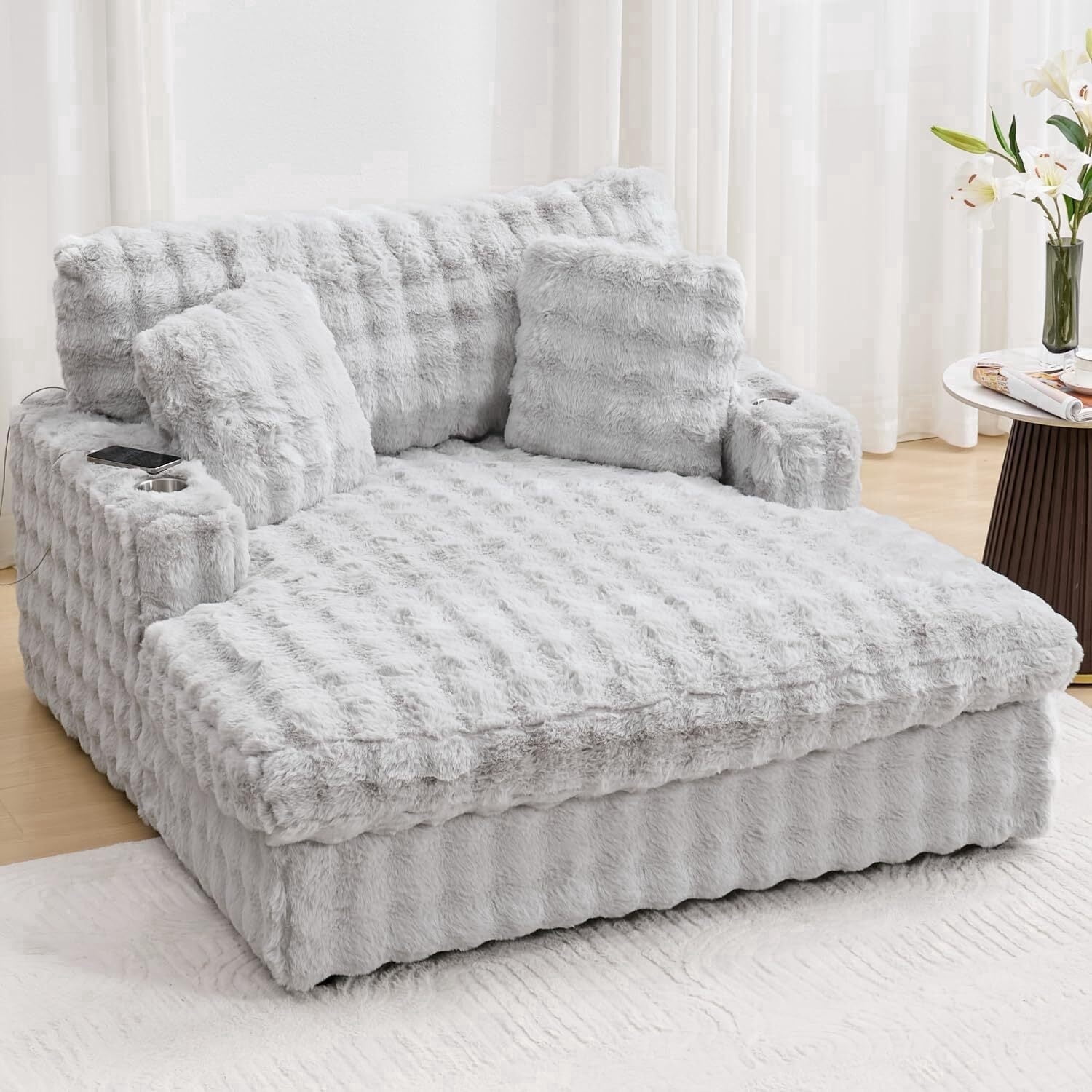 Faux Fur Upholstered Plush Fabric and Wood Frame Sleeper Sofa with Chaise, Gray