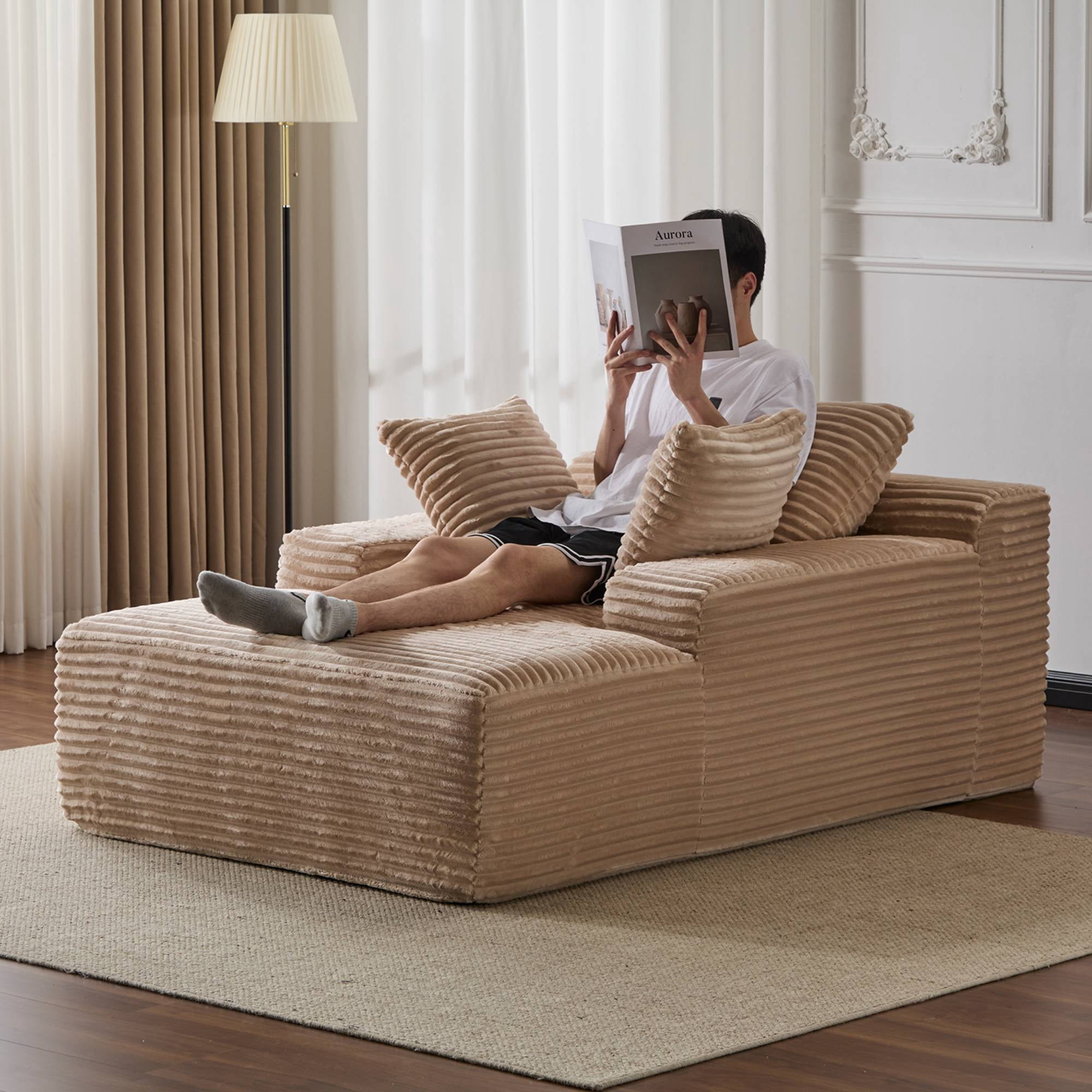 Oversized Chaise Lounge Sofa Chair, Comfy Cloud Sofa Bed, Sleeper Couch with Throw Pillows or Living Room, Beige
