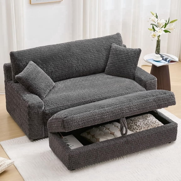 EWIKOR Adult Upholstered Loveseats with Storage Ottoman and Pillows, Gray
