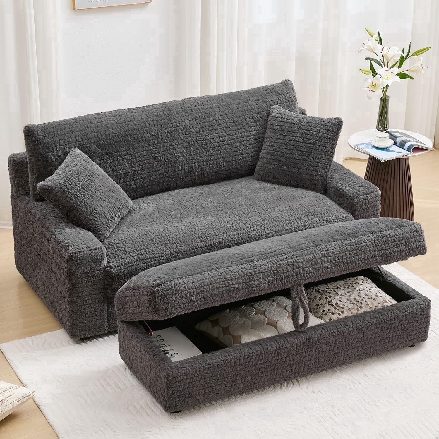 Adult Upholstered Loveseats with Storage Ottoman and Pillows, Gray