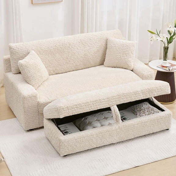 EWIKOR Boucle Oversized and Convertible Sleeper Loveseat with Storage Ottoman and Pillows, Beige
