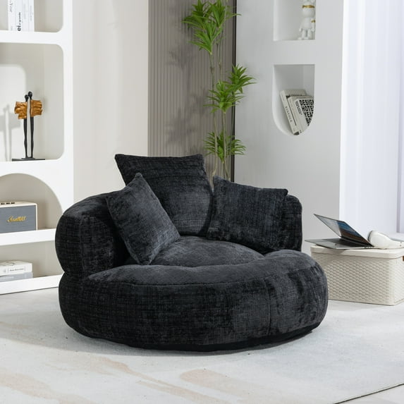 Oversized Chenille Bean Bag Chair for Adults & Kids, Indoor & Outdoor Lazy Bean Bag Sofa with Wrap-Around Backrest & Pillows for Bedroom, Living Room, Playroom, 42.52''x42.52''x20.47'', Black