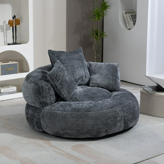 Oversized Chenille Bean Bag Chair for Adults & Kids, Indoor & Outdoor Lazy Bean Bag Sofa with Wrap-Around Backrest & Pillows for Bedroom, Living Room, Playroom, 42.52''x42.52''x20.47'', Gray