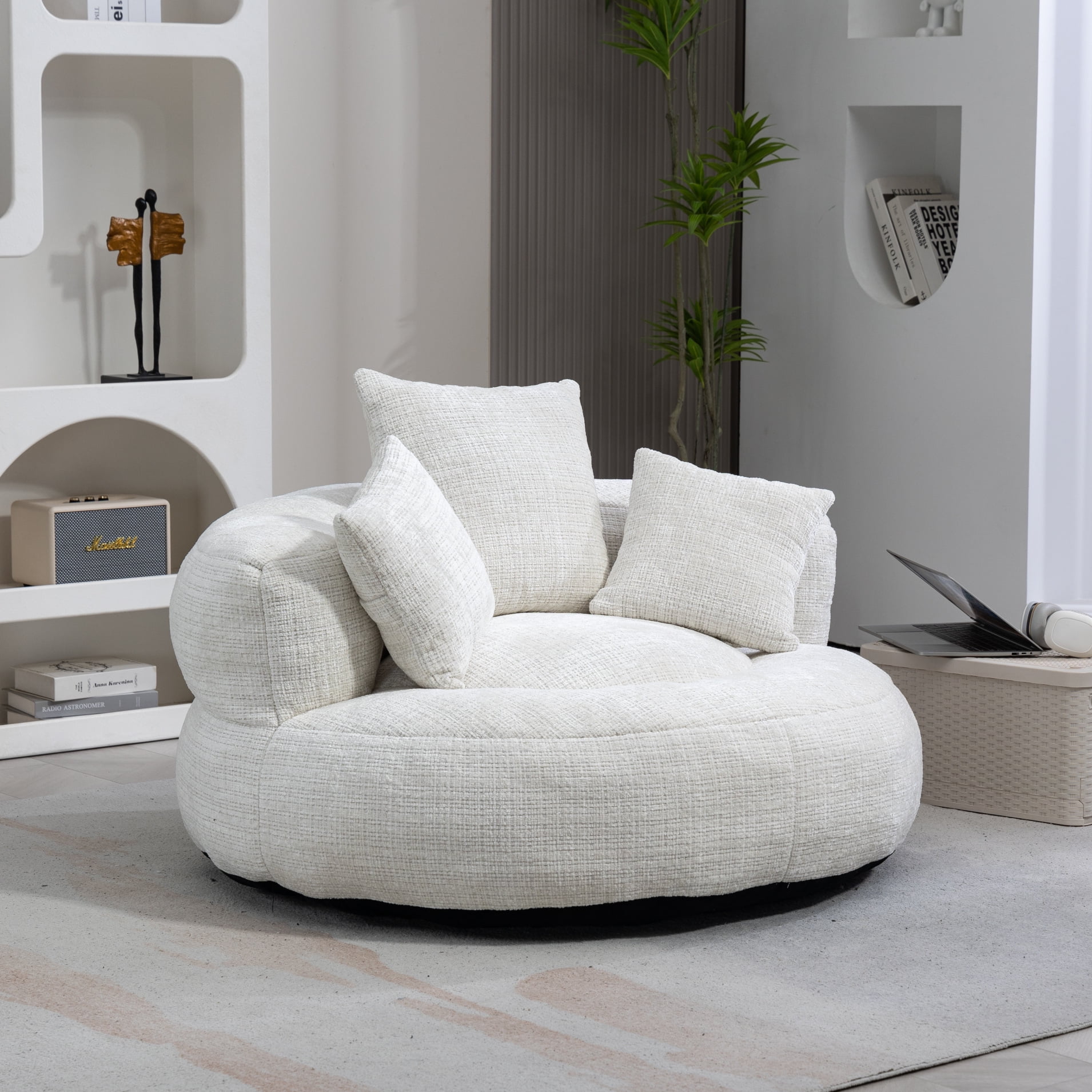 Giant Bean Bag Chair for Adults, Oversized Chenille Sofa Bed with 3 Pillows & Wrap-Around Backrest, Gaming Lounge for Living Room, Beige