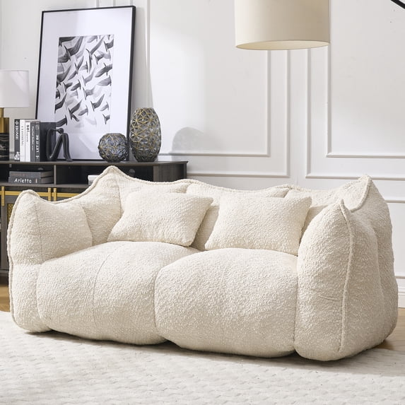 Oversized Chenille Bean Bag Couch for Two, High-Resilience Foam Floor Loveseat, 73.2in Giant Bean Bag Sofa Chair for Adults in Living Room, Bedroom, Beige