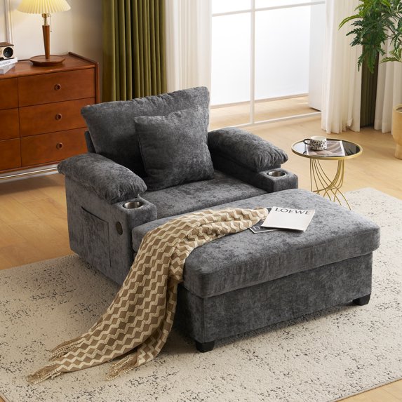 Oversized Chenille Chair with Ottoman , USB Charging - Convertible Sofa Bed with Cup Holders, Storage Armrests for Living Room, Bedroom, Apartment,Grey