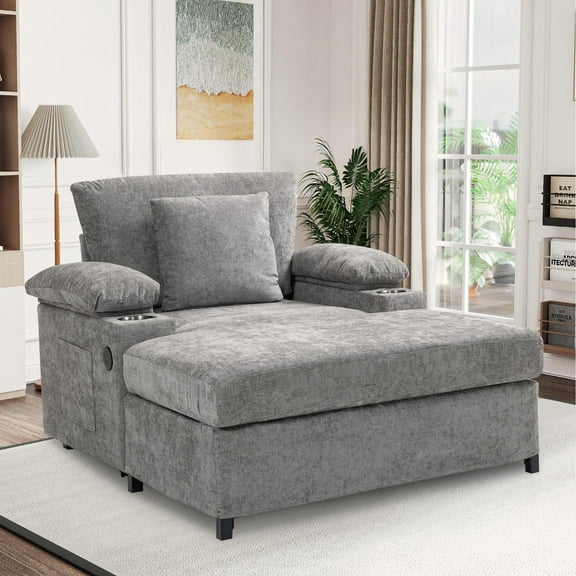 56.75" D Firscook Oversized Chenille Lounge Chair with Ottoman, USB Port, Storage Armrest & Cup Holders, Light Gray