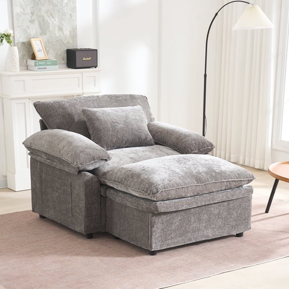 Oversized Chenille Lounge Chair with Storage Ottoman, Cozy Armrest Accent Chair with Hidden Footrest Storage for Bedroom & Living Room