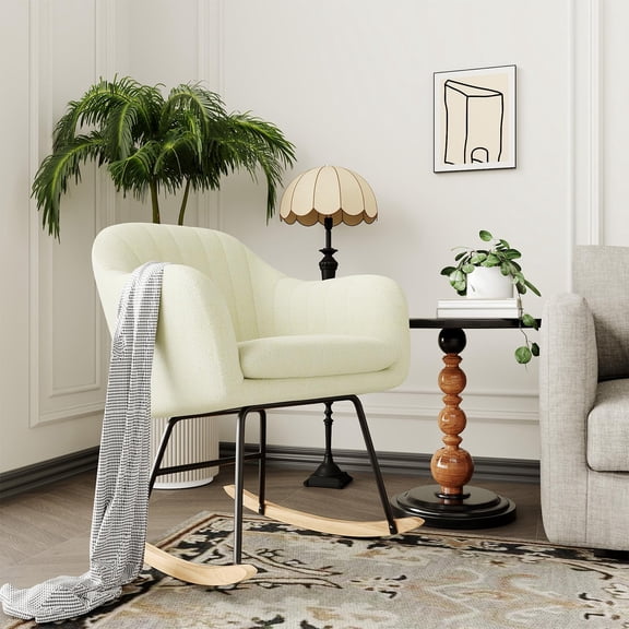 Oversized Chenille Rocking Chair, High-Back Ergonomic Leisure Glider Rocker, Modern Upholstered Accent Armchair with 350 Lbs Capacity, High-Strength Wood Legs for Living Room & Bedroom