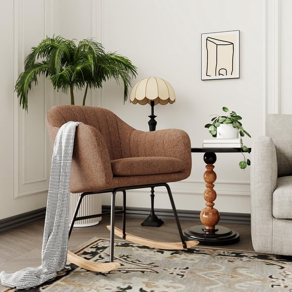 Oversized Chenille Rocking Chair, High-Back Ergonomic Leisure Glider Rocker, Modern Upholstered Accent Armchair with 350 Lbs Capacity, High-Strength Wood Legs for Living Room & Bedroom