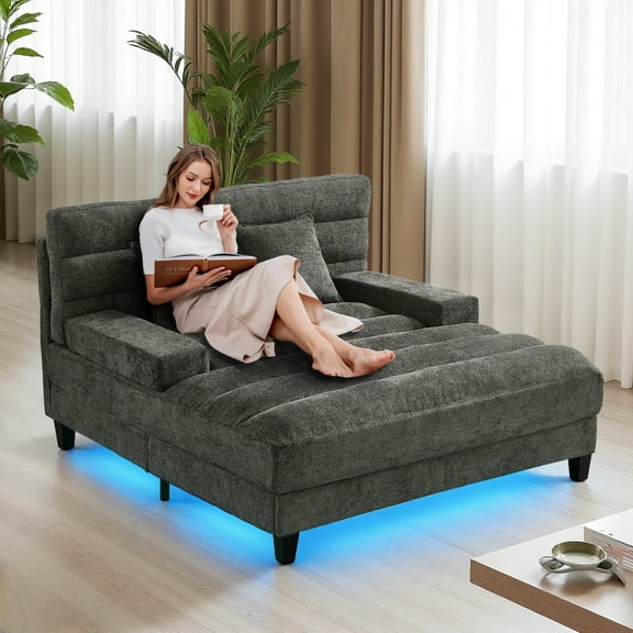 Oversized Chenille Upholstered Chaise Lounge, 57" W Sofa with Adjustable Up Backrest and RGB LED Lighting, Beige