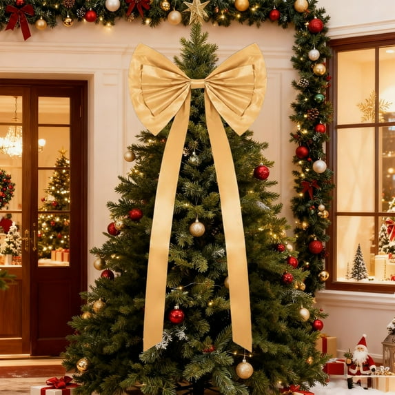 Oversized Christmas Bow 24x71in Polyester Red White Gold Decorative Tree Wreath Door Outdoor Party Prop Eye-Catching Soft Fabric Durable Festive Celebration Gift Centerpiece