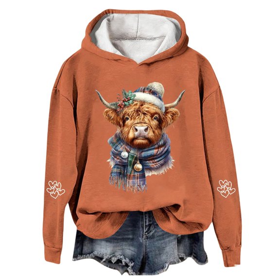 Oversized Christmas Hoodies for Women Highland Cattle Print Long Sleeve Hooded Sweatshirts Xmas Holiday Loose Casual Fall Winter Warm Pullover Tops