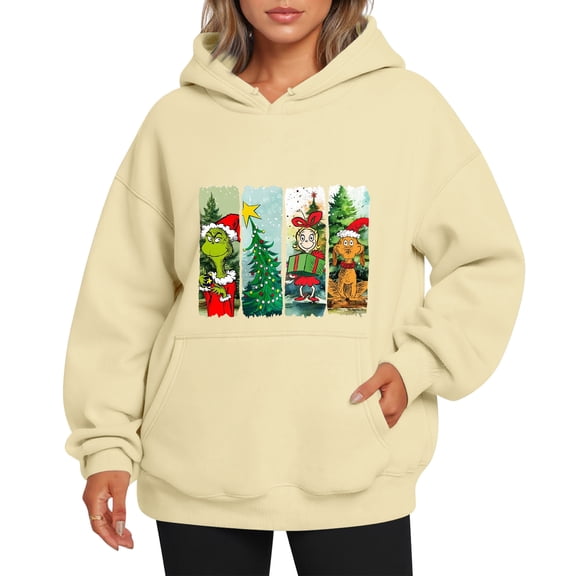 Oversized Christmas Sweatshirt for Women Christmas Tree Cute Blouse Xmas Holiday Hoodie Khaki XXL