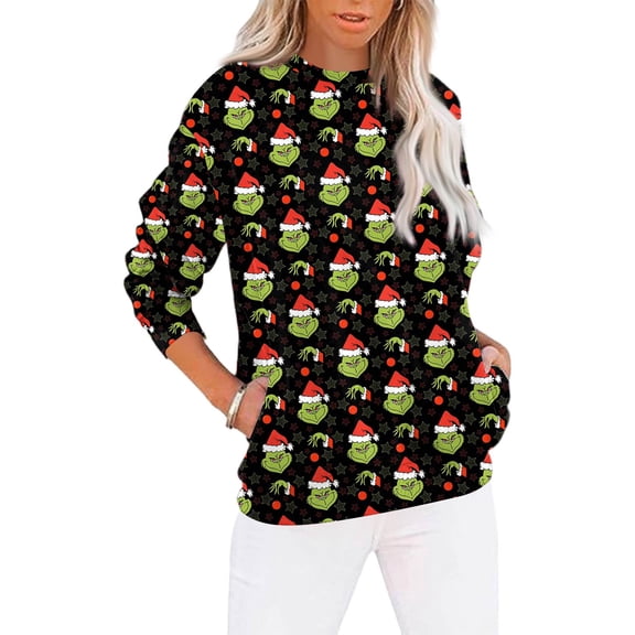 Oversized Christmas Sweatshirts Ugly Christmas Sweater Printed Long Sleeve Graphic Holiday Pullover Black Medium