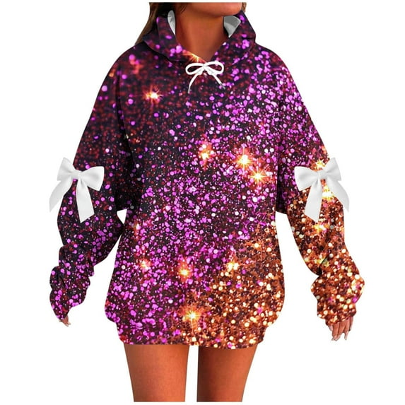 Oversized Christmas Sweatshirts Womens Plus Size Xmas Tree Graphic Hoodies Cute Bow Tie Drop Shoulder Pullover Shirt, M Hot Pink