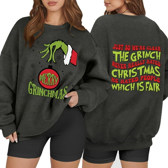 Oversized Christmas Sweatshirts for Women Xmas Long Sleeve Crewneck Pullover Dark Gray Small