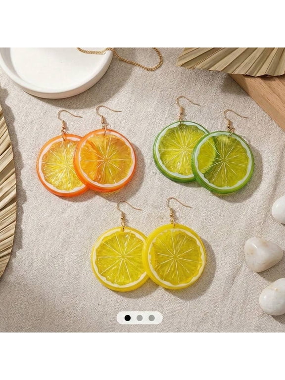 Oversized Citrus Slice Dangle Earrings, Multicolor 3-Pair Set, Plastic
