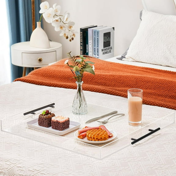 Oversized Clear Acrylic Ottoman Tray with Black Metal Handle